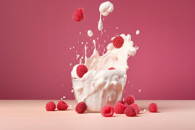 Spruzzata di gustoso yogurt e lamponi freschi su sfondo rosa IA generativa