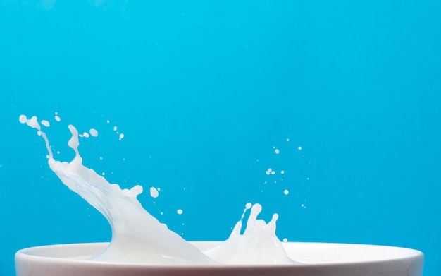 Spruzzata di latte da una tazza su sfondo blu.