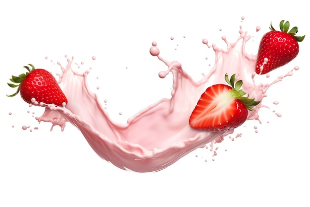 spruzzata di latte o yogurt con fragole isolate su sfondo bianco rendering 3d