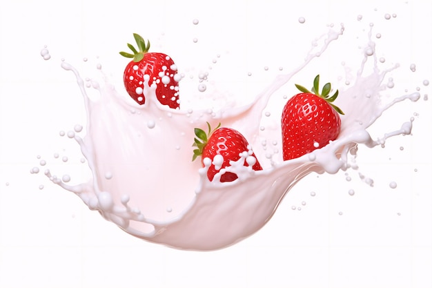 spruzzata di latte o yogurt con fragole isolate su sfondo bianco rendering 3d