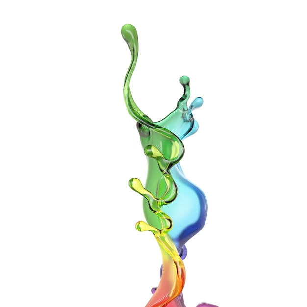 Spruzzata di liquido trasparente arcobaleno di colore su sfondo bianco. illustrazione 3d, rendering 3d.