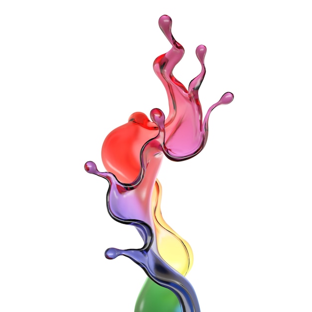 Spruzzata di liquido trasparente arcobaleno di colore su sfondo bianco. illustrazione 3d, rendering 3d.