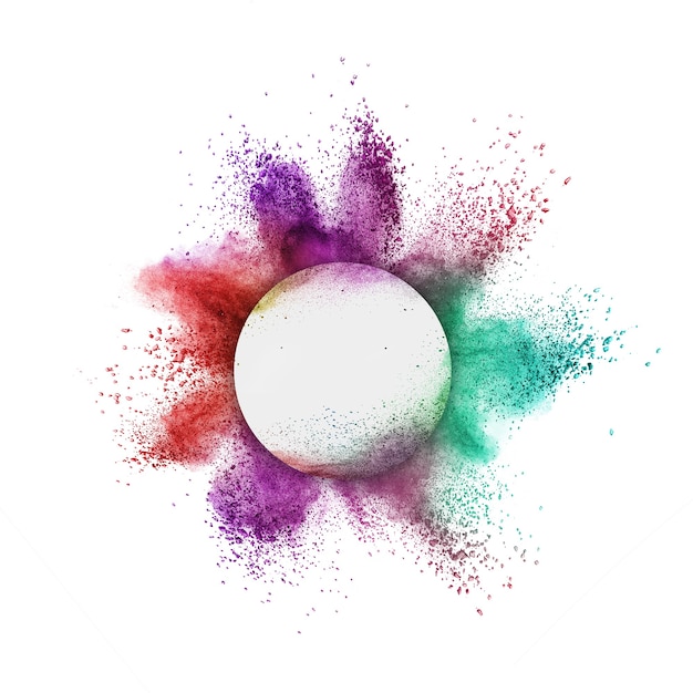Spruzzata di polvere colorata in una cornice rotonda su sfondo bianco