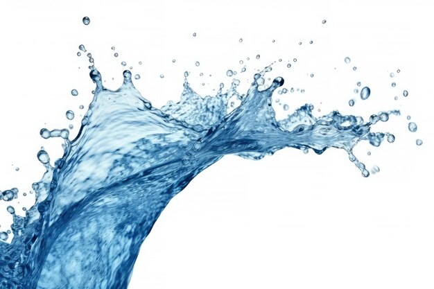 Spruzzata di turbinio dell'acqua blu con piccola bolla isolata su sfondo bianco liquido che scorre Generativo Ai