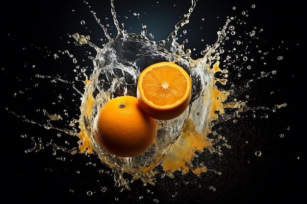 Spruzzi 3D di succo naturale spruzzi realistici di liquido arancione con gocce