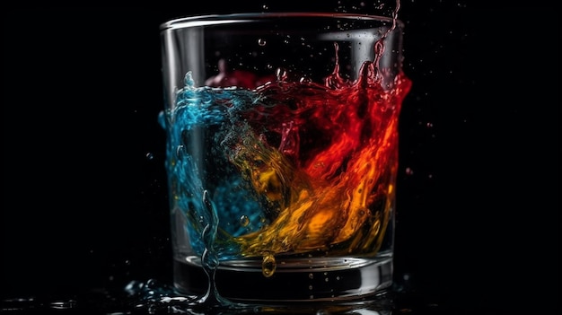 Spruzzi colorati in un bicchiere di whisky su uno sfondo nero ai generativo