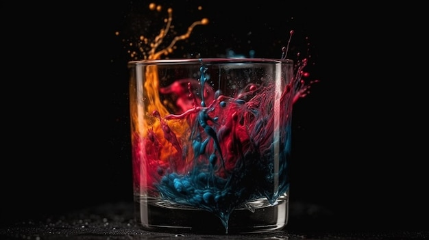 Spruzzi colorati in un bicchiere di whisky su uno sfondo nero ai generativo