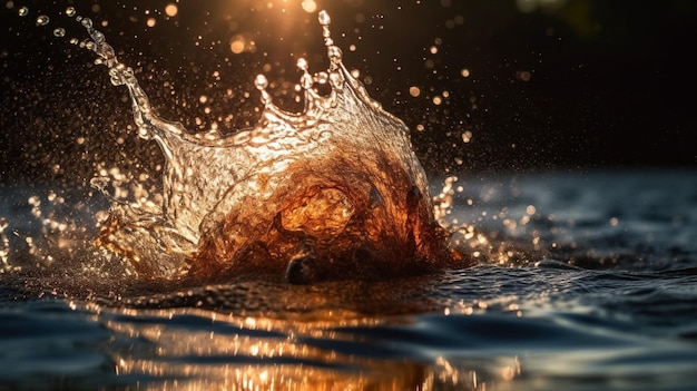 Spruzzi d'acqua al sole con il sole che splende su di esso