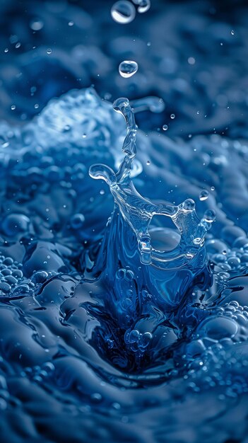 Spruzzi d'acqua blu che cadono su un'onda liquida su uno sfondo astratto