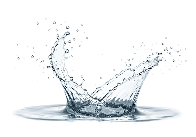 Spruzzi d'acqua che volano nell'aria isolati su uno sfondo bianco