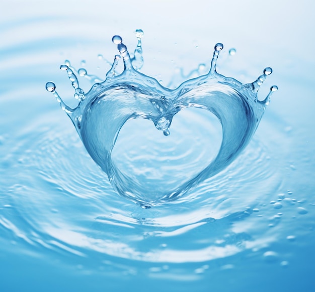 Spruzzi d'acqua con una corona a forma di cuore Sfondo blu