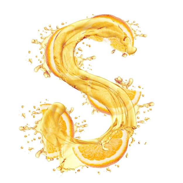 Spruzzi d'acqua e arance fetta lettera "S" isolata on white