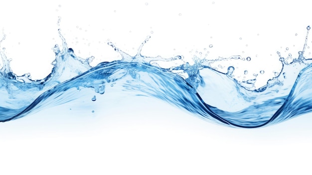 Spruzzi d'acqua e gocce isolati su sfondo bianco Sfondo astratto con onda di acqua blu