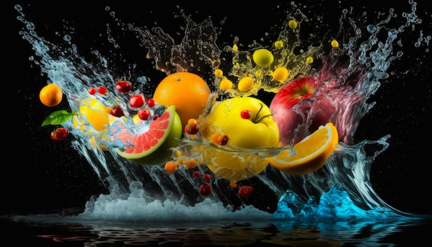Spruzzi d'acqua su frutta e verdura IA generativa