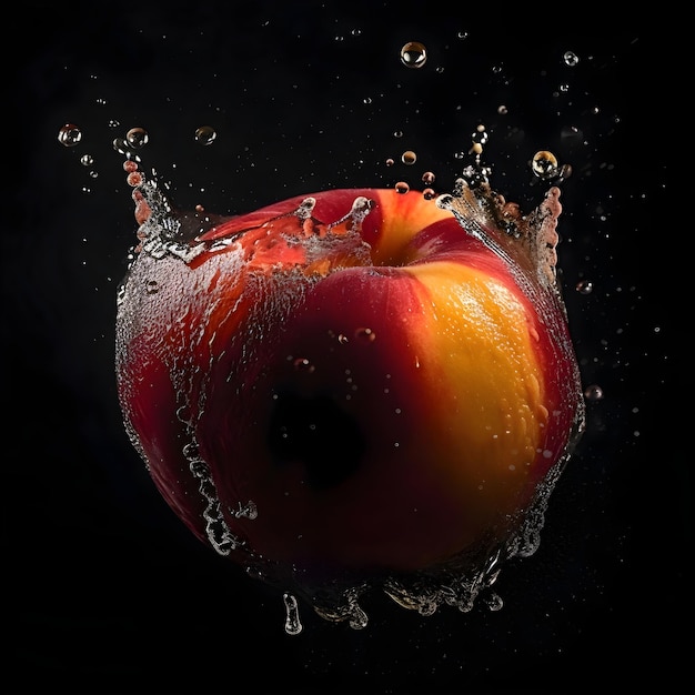 Spruzzi d'acqua su una mela rossa isolata su sfondo nero