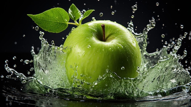 Spruzzi d'acqua sulla mela verde fresca su sfondo nero ai generativo