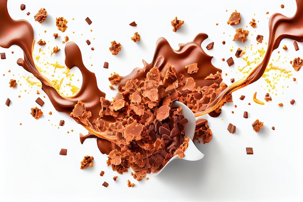 Spruzzi di cioccolato con pezzi di ciaccolato isolati su uno sfondo bianco AI generativa