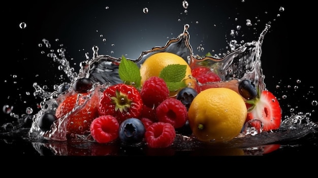 Spruzzi di frutta in acqua su uno sfondo nero ai generativo