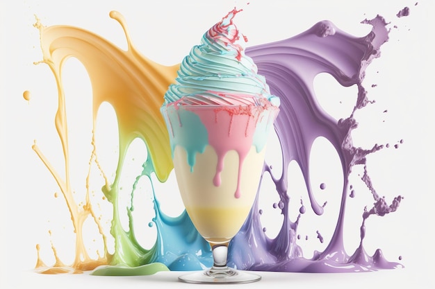 Spruzzi di gelato multicolore in una ciotola di vetro Spruzzi e gocce di frappè alla crema Illustrazione astratta di colori pastello su sfondo bianco Generata dall'IA