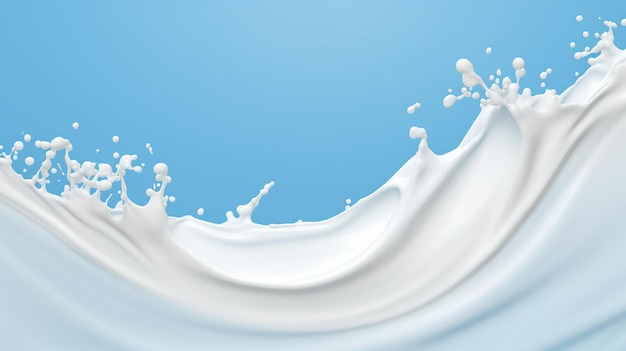 Spruzzi di latte bianco o yogurt a forma d'onda isolati su sfondo blu