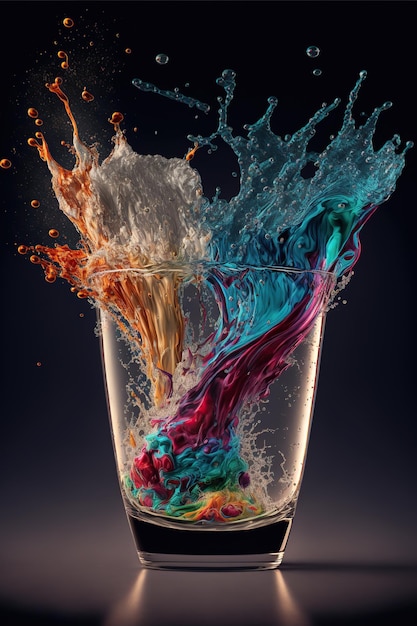 Spruzzi di liquidi su vetro a colori pieni Illustrazione dell'IA generativa