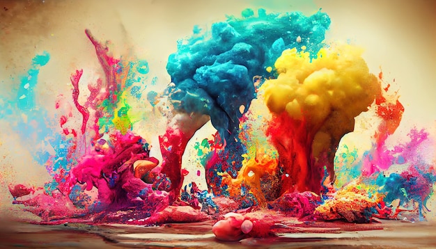 Spruzzi di vernice che esplodono e polvere di holi come concetto di creatività