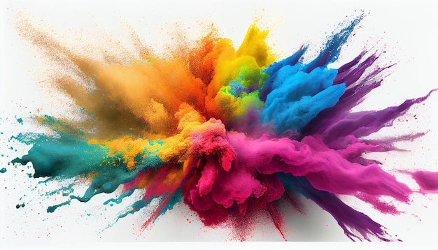 Spruzzi di vernice colorata, esplosione di polvere colorata. Dipingi holi splash IA generativa su bianco isolato