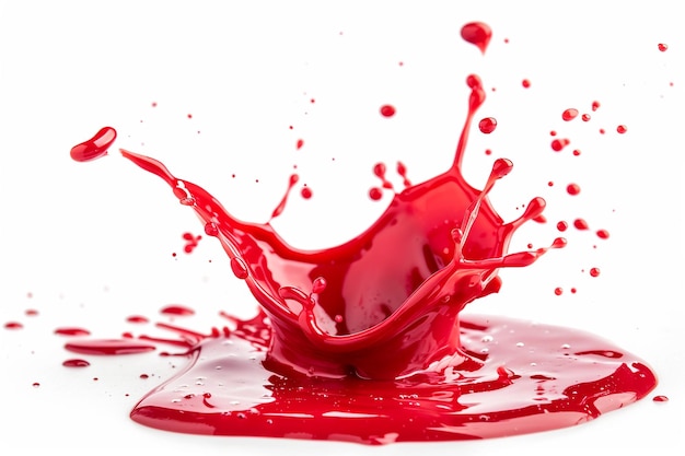 Spruzzi di vernice rossa gocce di spruzzo isolate su sfondo bianco