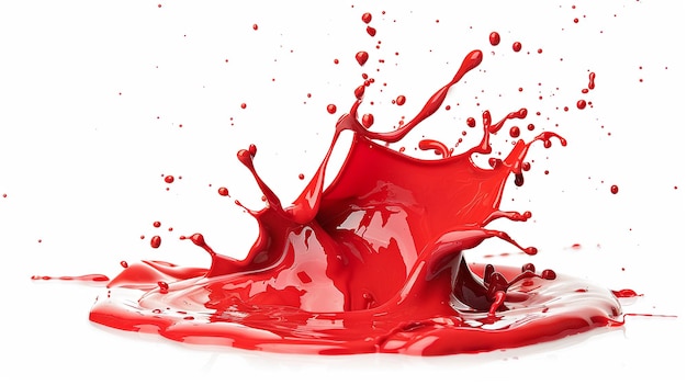 Spruzzi di vernice rossa gocce di spruzzo isolate su sfondo bianco