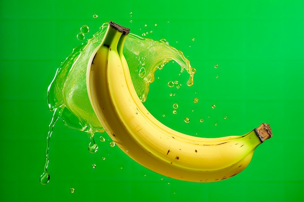 Spruzzo d'acqua di banana su uno sfondo verde