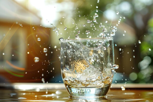 Spruzzo d'acqua limpida in vetro con sfondo di luce solare per regalo