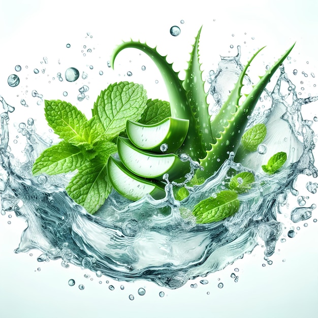 Spruzzo d'acqua pulita con foglie di menta fette di aloe e spruzzi in onda d'acqua isolati su bianco