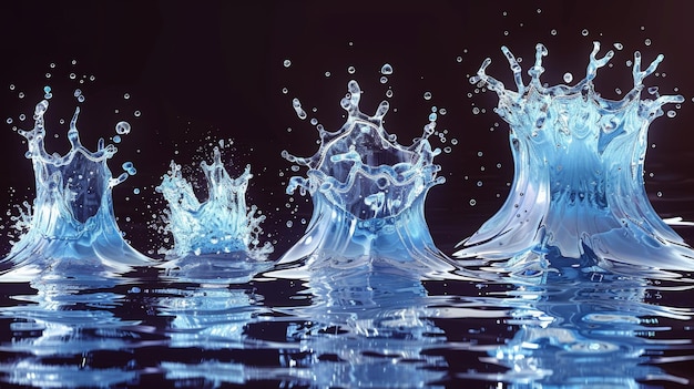 Spruzzo d'acqua vfx gioco di cartoni animati effetti video set con 2d gocce di liquido corone vortici flussi e ondulazioni spruzzo di acqua blu movimento spruzzo esplosione goccia o ondulazione illustrazione moderna