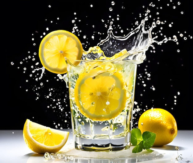 Spruzzo di limonata con gocce su sfondo scuro