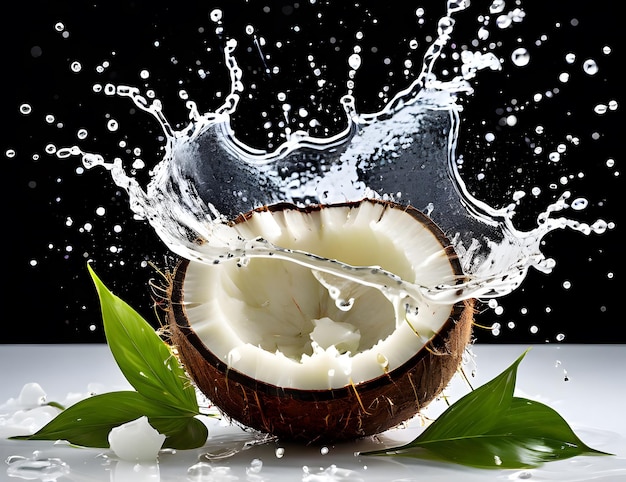 Spruzzo di olio di cocco con gocce su uno sfondo chiaro