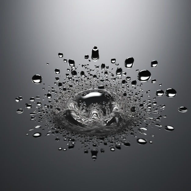 Spruzzo liquido goccia d'acqua isolata su nero Illustrazione monocromatica di spruzzi d'acqua