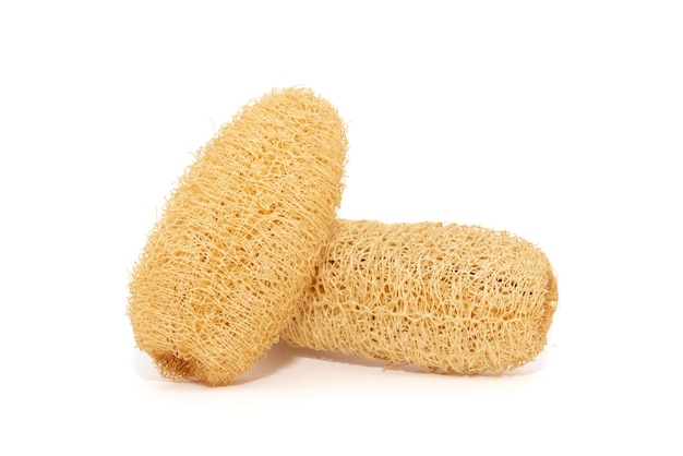 Spugna di luffa naturale su sfondo bianco