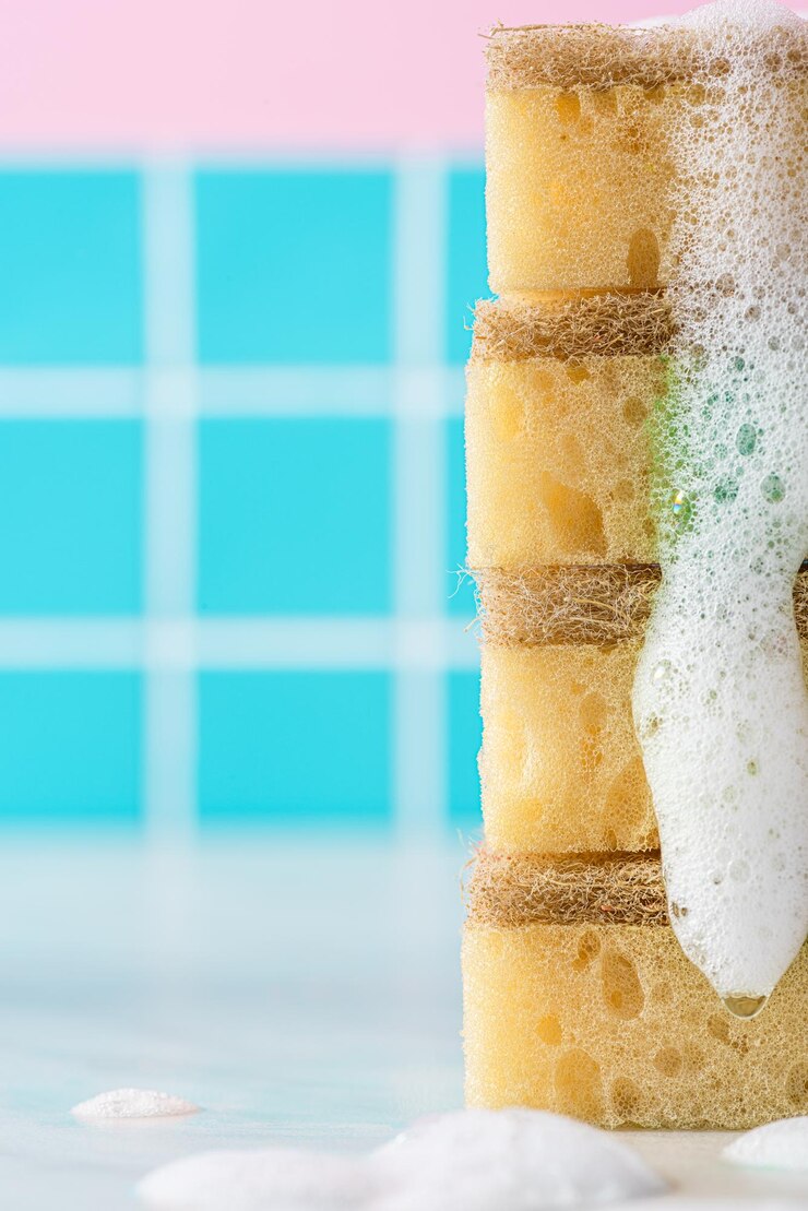 Spugna per la pulizia in bambù a zero rifiuti in cucina sullo sfondo dello spazio di copia
