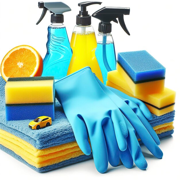 Spugne gialle e guanti blu per il lavaggio dell'auto su sfondo bianco