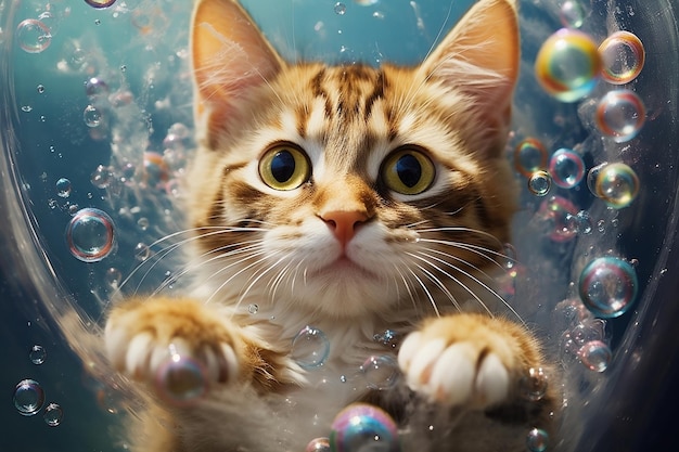 Spumante Bath Time Cat in vasca da bagno insaponata Generative AI