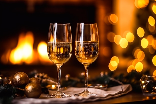 Spumante proseco o champagne davanti a un camino in una celebrazione della vigilia di vacanza Buon Natale Felice Anno Nuovo e Buone Feste