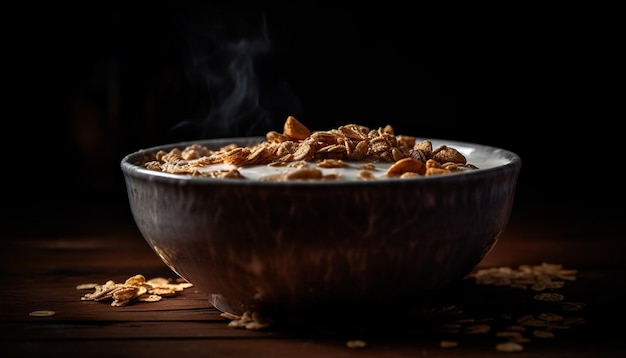 Spuntino biologico al muesli su tavolo rustico in legno generato dall'intelligenza artificiale