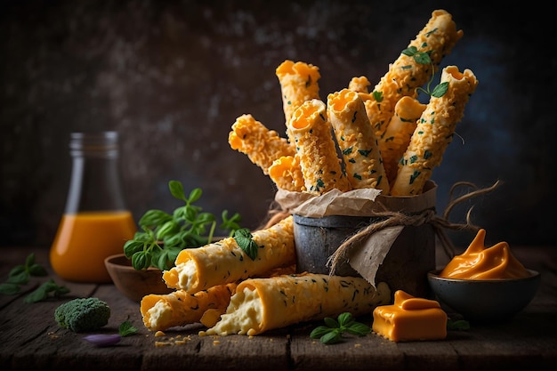 Spuntino con bastoncini di formaggio dorato fritto AI generativa