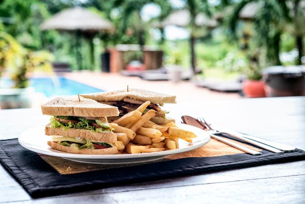 spuntino di panino da club con patatine fritte sul piatto