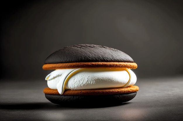 Spuntino fatto in casa per dolci a forma di torta whoopie con crema su tavola nera