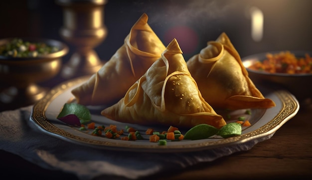 Spuntino indiano iconico di samosa croccanti e deliziosi sulla tavola di legno