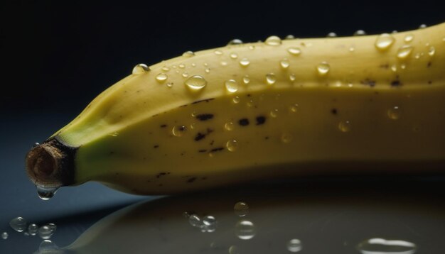 Spuntino sano alla banana con gocce di rugiada su sfondo verde organico generato dall'intelligenza artificiale