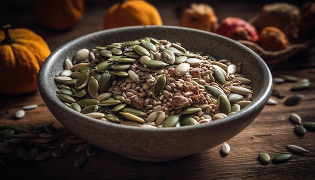 Spuntino sano semi di zucca e cesto di frutta generati dall'intelligenza artificiale