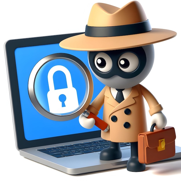 Spyware Sleuth concetto come Scouring per minacce nascoste con sfondo bianco e isolato cartoon carino