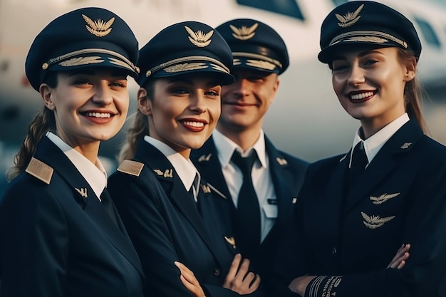 Squadra di assistenti di volo donne e un capitano pilota maschio all'aeroporto in aereo IA generativa